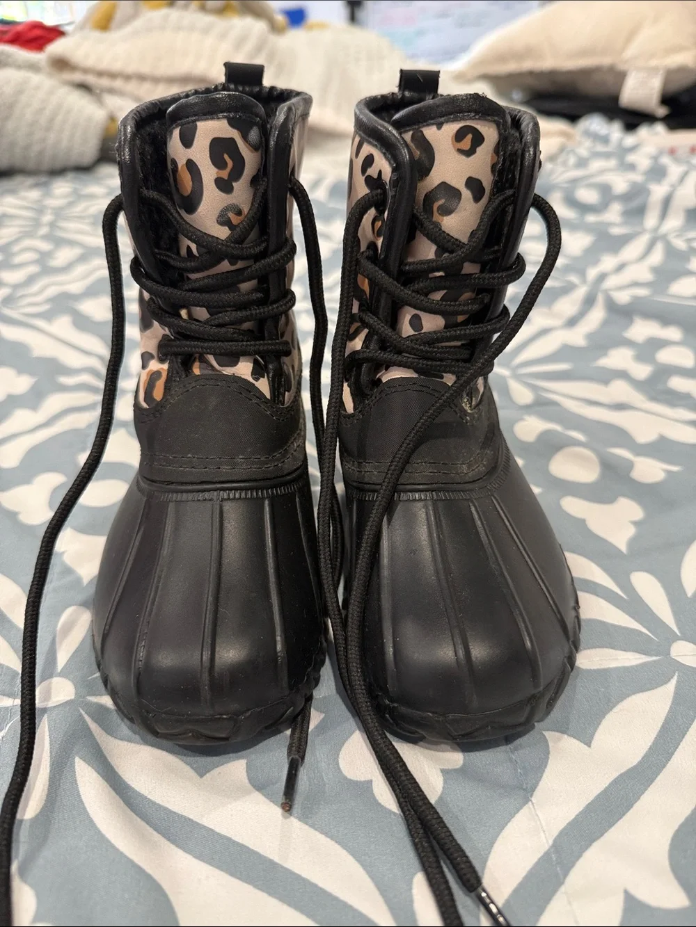 Fabletics Kids Leopard Print Waterproof Lace-Up Boots - Black/Tan